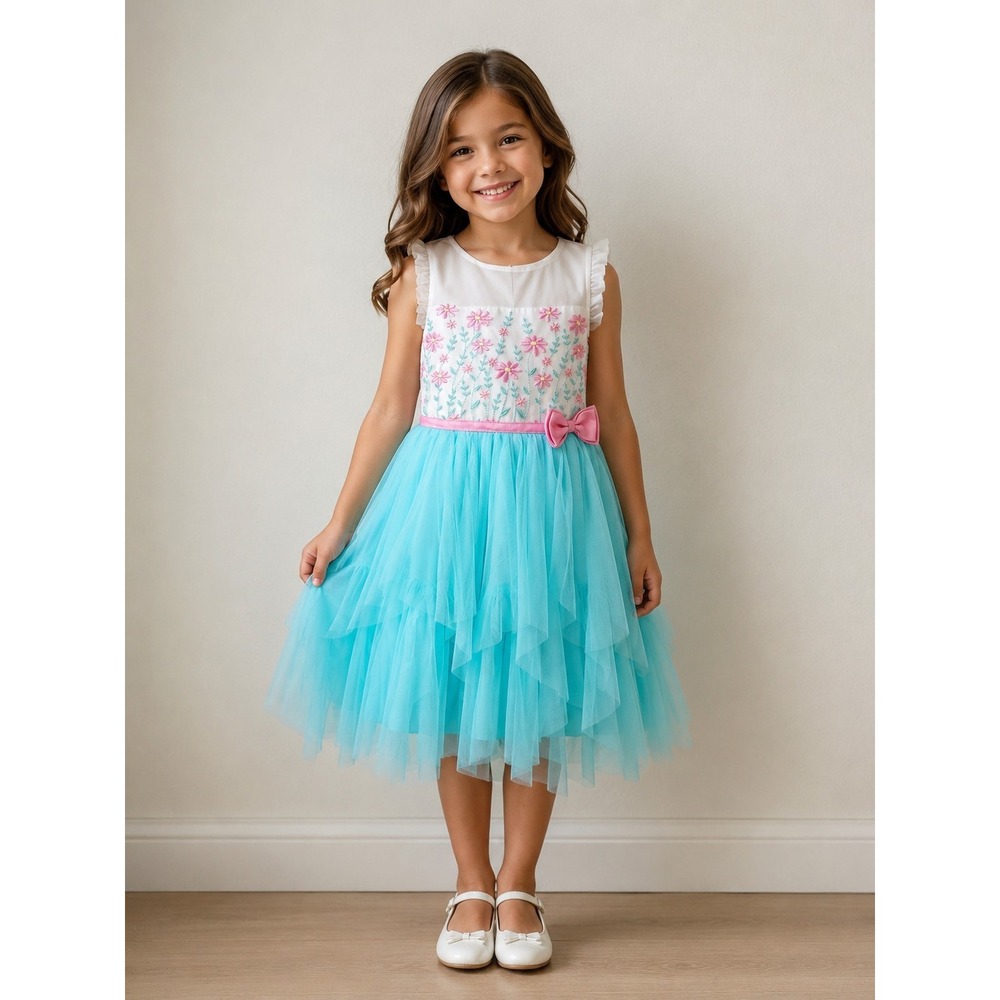 Jona Michelle Girls Floral Embroidered Tulle Dress Blue White Pink Size 7